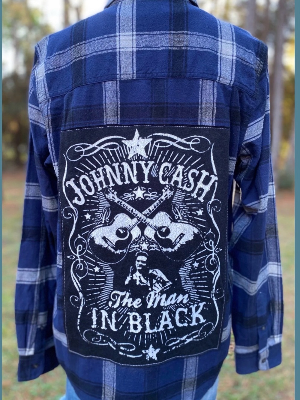Upcycled Johnny Cash 'The Man In Black' Blue Plaid Patch Flannel